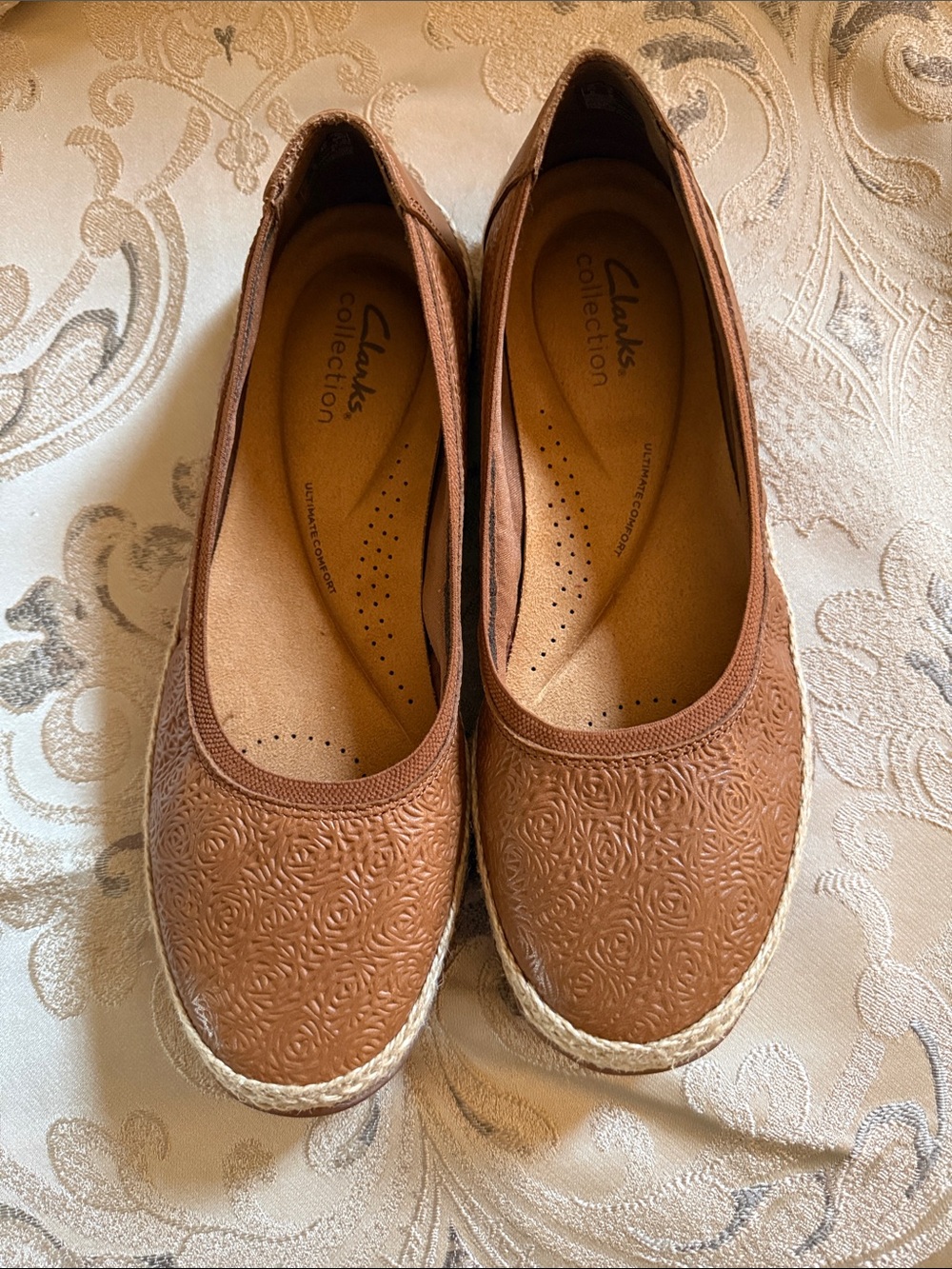 Clarks Tan Embossed Floral Slip-On Flats